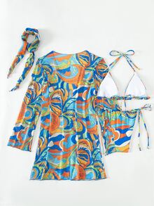 BamGleam 泳衣女式夏季海滩全身印花吊带三角比基尼套装带和服 - 彩色 - 查看 3