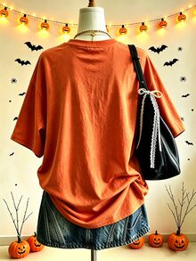 Lalippa 大尺碼女款萬聖節主題橘色泡泡印花短袖T恤 - 綠色 - 查看 2