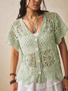 Freevana 大尺碼女款純色V領鏤空刺繡休閒短袖針織開襟衫，適合四季穿著 - 薄荷綠 - 查看 7