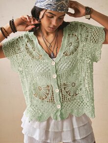 Freevana 大尺碼女款純色V領鏤空刺繡休閒短袖針織開襟衫，適合四季穿著 - 薄荷綠 - 查看 1