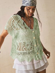 Freevana 大尺碼女款純色V領鏤空刺繡休閒短袖針織開襟衫，適合四季穿著 - 薄荷綠 - 查看 3