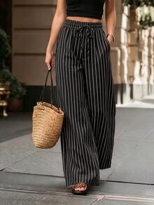Editum 女款休閒黑白條紋長褲，適合日常街頭穿搭、通勤、約會、聚會，夏季與秋季穿著，優雅 Y2K 風格，適合海灘與早午餐 - 黑色 - 查看 1