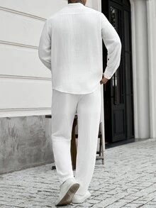 Manfinity CasualCool 男士長袖長褲套裝 秋冬款 襯衫領鈕扣開襟襯衫套裝 - 白色 - 查看 2