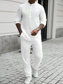 Manfinity CasualCool 男士長袖長褲套裝 秋冬款 襯衫領鈕扣開襟襯衫套裝 - 白色 - 查看 4
