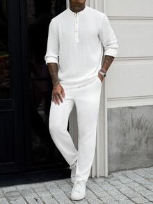 Manfinity CasualCool 男士長袖長褲套裝 秋冬款 襯衫領鈕扣開襟襯衫套裝 - 白色 - 查看 6