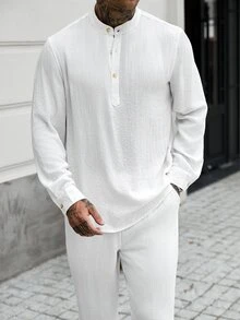 Manfinity CasualCool 男士長袖長褲套裝 秋冬款 襯衫領鈕扣開襟襯衫套裝 - 白色 - 查看 5