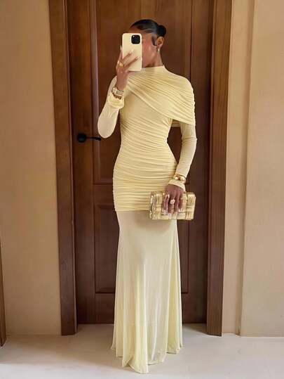 Lumalex Elegant Women's Pleated Contrast Mesh Dress Wedding Dinner Pale Yellow Autumn,Honeymoon