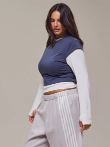MUSERA Plus Size Blue Double Layer Long Sleeve Top Winter Fall Autumn Casual Top Day Outfit Comfy Outfit Cool - Black and White - View 3