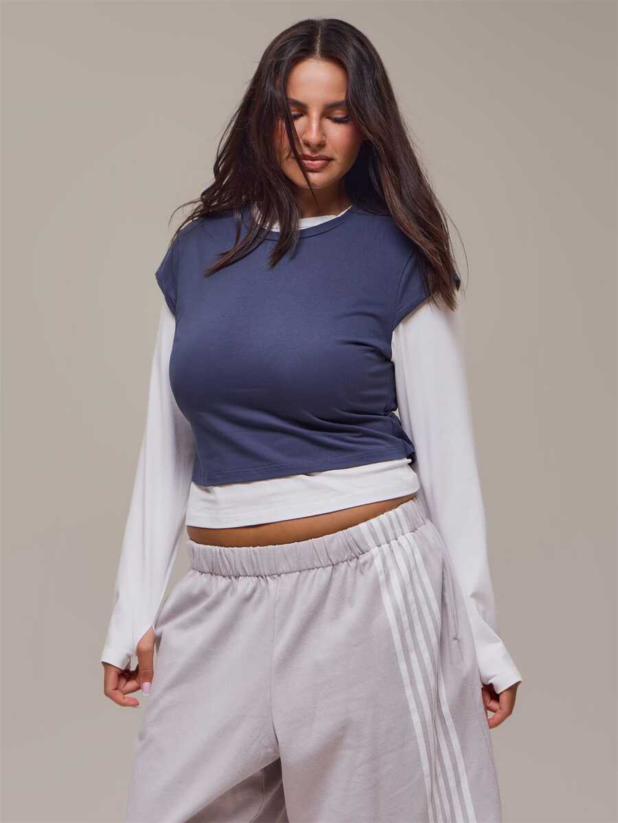 MUSERA Plus Size Blue Double Layer Long Sleeve Top Winter Fall Autumn Casual Top Day Outfit Comfy Outfit Cool - Black and White - View 1