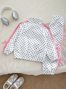 SHEIN Elladie kids 2件組女童春秋新款波點防風布料 2026 童裝蝴蝶結印花休閒時尚織帶裝飾立領拉鍊夾克與休閒長褲可愛甜美套裝 - 白色 - 查看 3