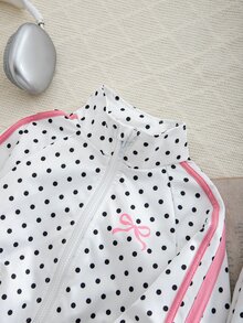 SHEIN Elladie kids 2件組女童春秋新款波點防風布料 2026 童裝蝴蝶結印花休閒時尚織帶裝飾立領拉鍊夾克與休閒長褲可愛甜美套裝 - 白色 - 查看 8