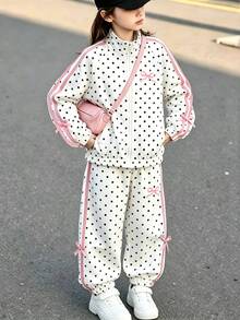 SHEIN Elladie kids 2件組女童春秋新款波點防風布料 2026 童裝蝴蝶結印花休閒時尚織帶裝飾立領拉鍊夾克與休閒長褲可愛甜美套裝 - 白色 - 查看 6