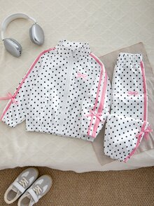 SHEIN Elladie kids 2件組女童春秋新款波點防風布料 2026 童裝蝴蝶結印花休閒時尚織帶裝飾立領拉鍊夾克與休閒長褲可愛甜美套裝 - 白色 - 查看 4