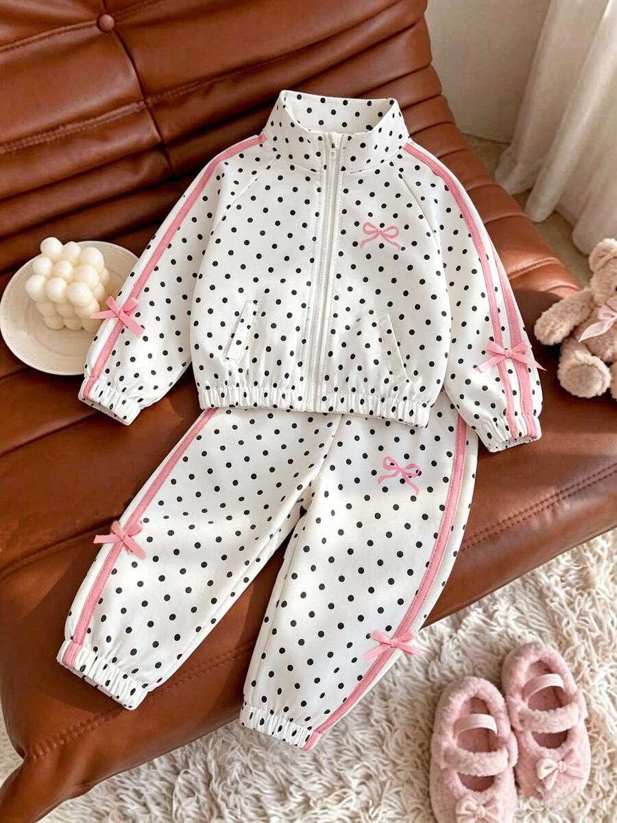 SHEIN Elladie kids 2件組女童春秋新款波點防風布料 2026 童裝蝴蝶結印花休閒時尚織帶裝飾立領拉鍊夾克與休閒長褲可愛甜美套裝