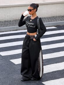 Muchica Women Fall Casual Leopard Print Spliced Wide Leg Sweatpants, Drawstring Waist Striped Side Loose Baggy Trousers With Pockets - Black - View 5