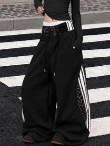 Muchica Women Fall Casual Leopard Print Spliced Wide Leg Sweatpants, Drawstring Waist Striped Side Loose Baggy Trousers With Pockets - Black - View 1