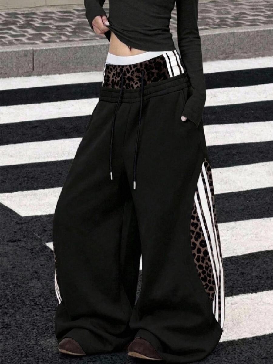 Muchica Women Fall Casual Leopard Print Spliced Wide Leg Sweatpants, Drawstring Waist Striped Side Loose Baggy Trousers With Pockets - Black - View 1