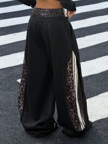 Muchica Women Fall Casual Leopard Print Spliced Wide Leg Sweatpants, Drawstring Waist Striped Side Loose Baggy Trousers With Pockets - Black - View 2