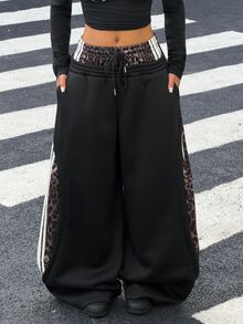 Muchica Women Fall Casual Leopard Print Spliced Wide Leg Sweatpants, Drawstring Waist Striped Side Loose Baggy Trousers With Pockets - Black - View 7