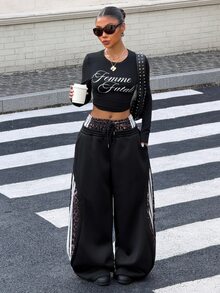Muchica Women Fall Casual Leopard Print Spliced Wide Leg Sweatpants, Drawstring Waist Striped Side Loose Baggy Trousers With Pockets - Black - View 3