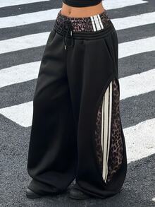 Muchica Women Fall Casual Leopard Print Spliced Wide Leg Sweatpants, Drawstring Waist Striped Side Loose Baggy Trousers With Pockets - Black - View 6