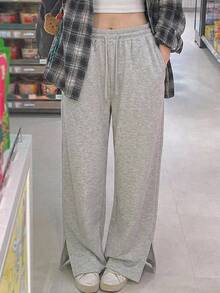DAZY 女款素色抽繩腰寬腿寬鬆休閒運動長褲 - 灰色 - 查看 2