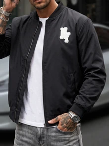 Manfinity CasualCool Men Letter Patched Zip Up Bomber Jacket - Black - View 6