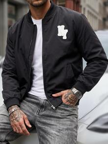 Manfinity CasualCool Men Letter Patched Zip Up Bomber Jacket - Black - View 4