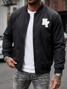 Manfinity CasualCool Men Letter Patched Zip Up Bomber Jacket - Black - View 5