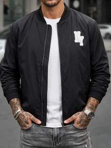Manfinity CasualCool Men Letter Patched Zip Up Bomber Jacket - Black - View 3
