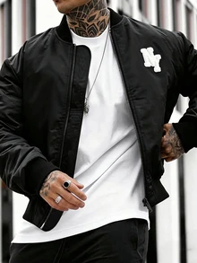 Manfinity CasualCool Men Letter Patched Zip Up Bomber Jacket - Black - View 1