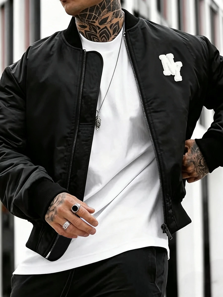 Manfinity CasualCool Men Letter Patched Zip Up Bomber Jacket - Black - View 1