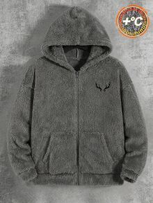 青少年男孩鹿角刺繡拉鍊連帽法蘭絨夾克 - 灰色 - 查看 6
