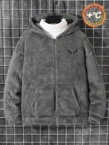 青少年男孩鹿角刺繡拉鍊連帽法蘭絨夾克 - 灰色 - 查看 7