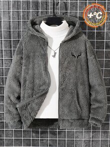 青少年男孩鹿角刺繡拉鍊連帽法蘭絨夾克 - 灰色 - 查看 4