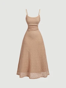 SHEIN MOD 女款純色抓皺腰傘擺細肩帶洋裝，半正式優雅茶會裙，飄逸度假郵輪女裝 - 卡其色 - 查看 4