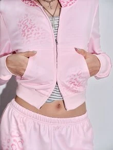 ROMWE Y2K甜酷粉色漸層豹紋女款運動衫 - 粉色 - 查看 2