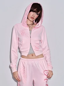 ROMWE Y2K甜酷粉色漸層豹紋女款運動衫 - 粉色 - 查看 7