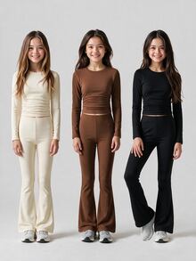 SHEIN Sparklyn 3件套少女休闲百搭日常穿搭圆领短款长袖上衣+紧身喇叭裤针织套装，秋冬款 - 彩色 - 查看 1