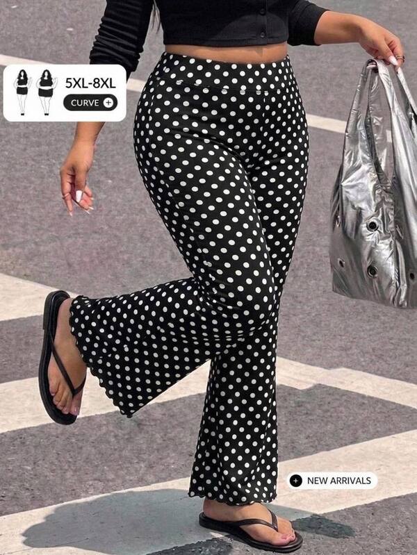 SHEIN CURVE+ بنطلون مقاس كبير بنقشة نقاط بولكا وساق واسعة