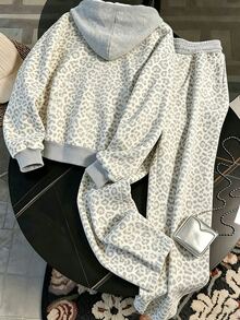 Resyla 秋冬女款拉鍊連帽衛衣套裝，經典淺色豹紋圖案，高級休閒百搭連帽外套，舒適適用於運動、度假、旅行、戶外通勤 - 彩色 - 查看 2
