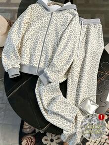 Resyla 秋冬女款拉鍊連帽衛衣套裝，經典淺色豹紋圖案，高級休閒百搭連帽外套，舒適適用於運動、度假、旅行、戶外通勤 - 彩色 - 查看 1