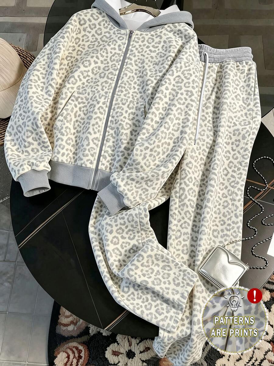 Resyla 秋冬女款拉鍊連帽衛衣套裝,經典淺色豹紋圖案,高級休閒百搭連帽外套,舒適適用於運動、度假、旅行、戶外通勤 - 彩色 - 查看 1