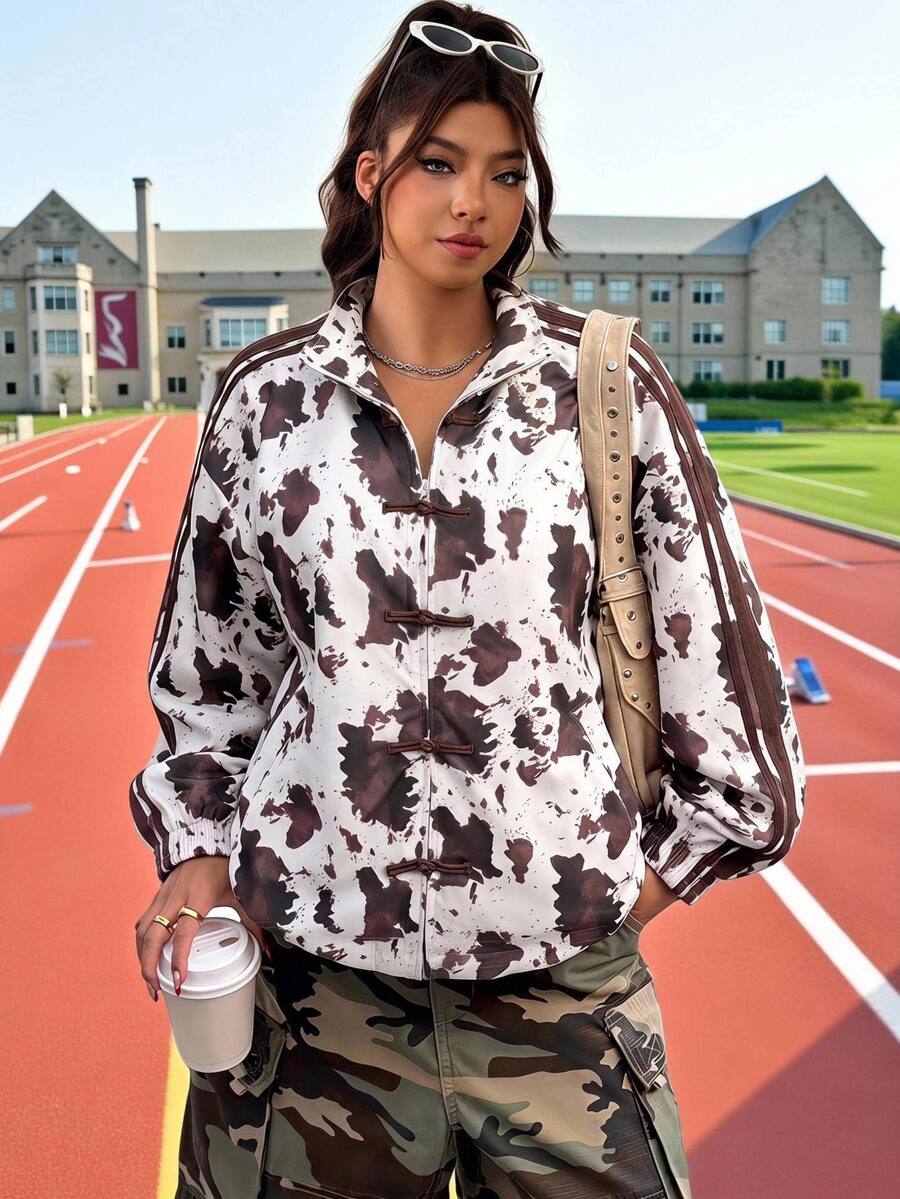 SHEIN EZwear Plus Size Women Cow Print Stand Collar Casual Versatile Daily Long Sleeve Jacket Fall - Black - View 1