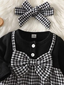 SHEIN 新生兒寶寶蝴蝶結裝飾千鳥格時尚休閒洋裝 - 黑色 - 查看 5