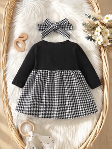 SHEIN 新生兒寶寶蝴蝶結裝飾千鳥格時尚休閒洋裝 - 黑色 - 查看 4