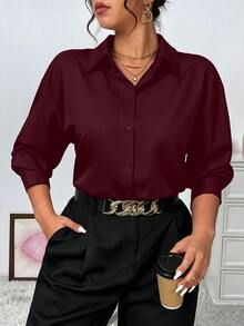 Elenzga 大尺碼女款純色梭織長袖休閒優雅OL襯衫，感恩節女裝上衣 - 酒紅色 - 查看 1
