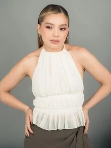Ximena Robles Ximena Robles Tank Top Wanita Kasual dengan Lipit, Leher Halter, Pinggang Terikat, dan Tanpa Punggung - Krem - View 1