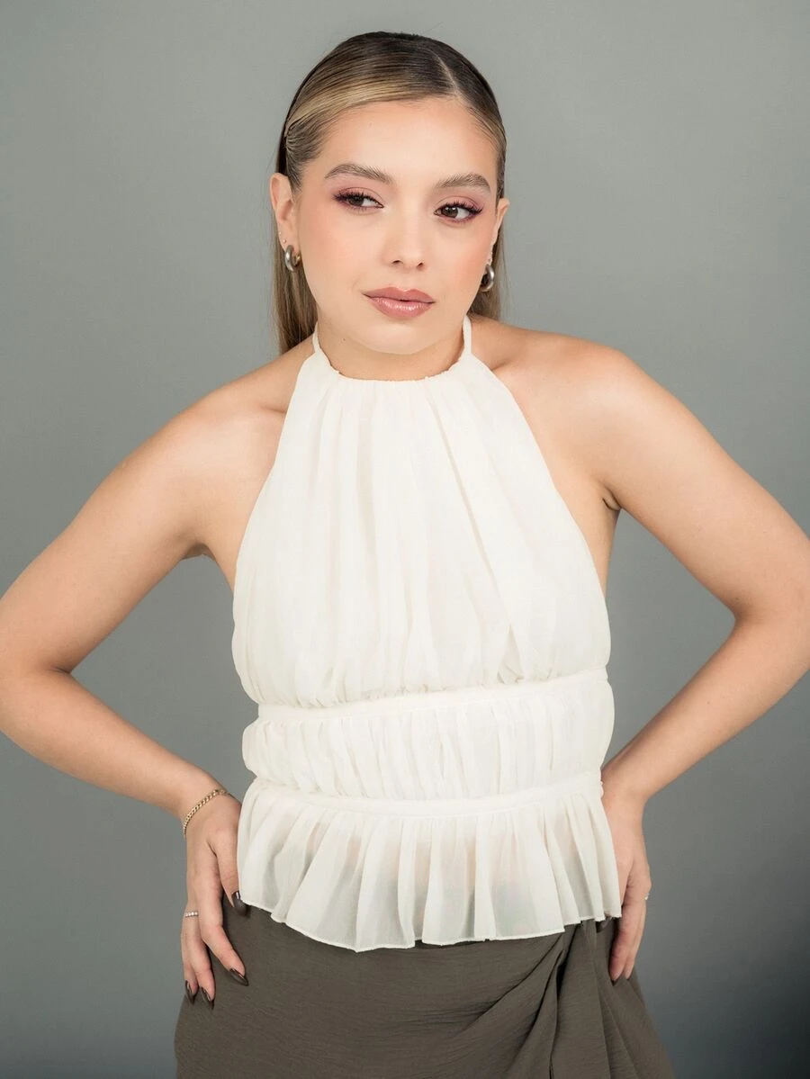 Ximena Robles Ximena Robles Tank Top Wanita Kasual dengan Lipit, Leher Halter, Pinggang Terikat, dan Tanpa Punggung - Krem - View 1