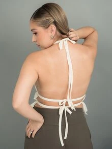 Ximena Robles Ximena Robles Tank Top Wanita Kasual dengan Lipit, Leher Halter, Pinggang Terikat, dan Tanpa Punggung - Krem - View 2